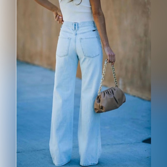 Vici London High Rise 90s Style Distressed Light Wash Denim Flare Wide Leg Jeans - Picture 8 of 9